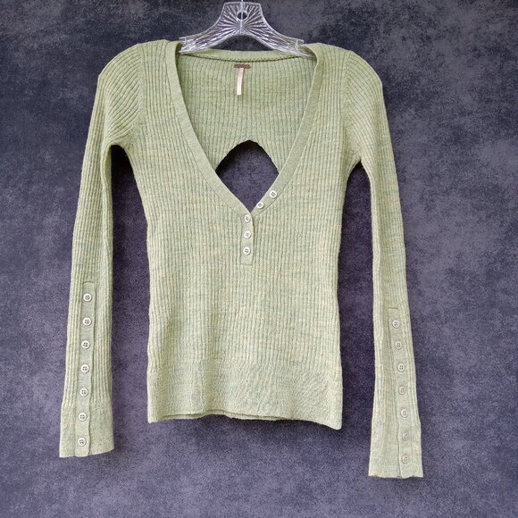 FREE PEOPLE Open Back Trendy Modern‎ Bohemian Ribbed Sage Sweater Fall Sz.S - Picture 1 of 5